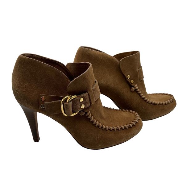 Tory Burch Womens Belen 9.5 Suede Stiletto Ankle Boots Booties Tan Camel Buckles - Picture 1 of 15